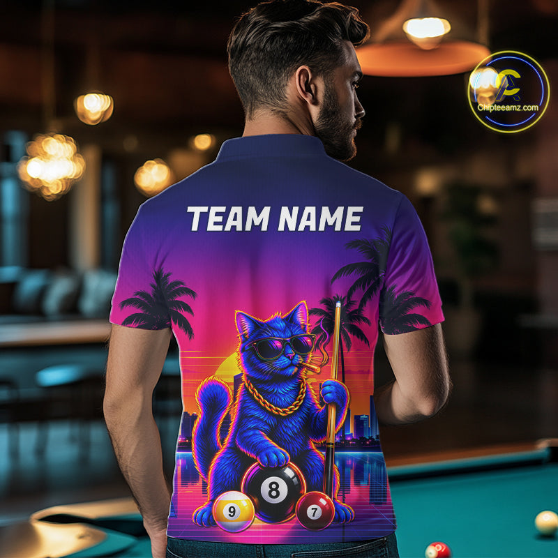 Custom Funny Billiard Shirt For Men Personalized Neon Cat 8-Ball Pool Team Jersey Billiard Apparel NYN4681