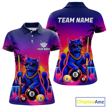 Custom Funny Billiard Shirt For Women Personalized Neon Cat 8-Ball Pool Team Jersey Billiard Apparel NYN4681