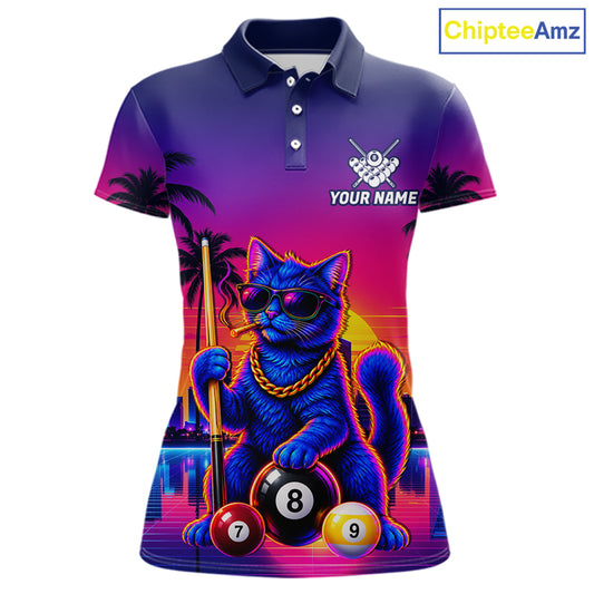 Custom Funny Billiard Shirt For Women Personalized Neon Cat 8-Ball Pool Team Jersey Billiard Apparel NYN4681