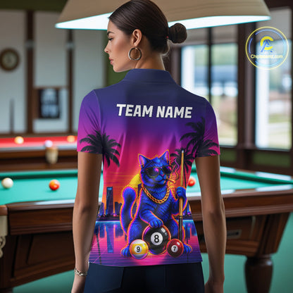 Custom Funny Billiard Shirt For Women Personalized Neon Cat 8-Ball Pool Team Jersey Billiard Apparel NYN4681