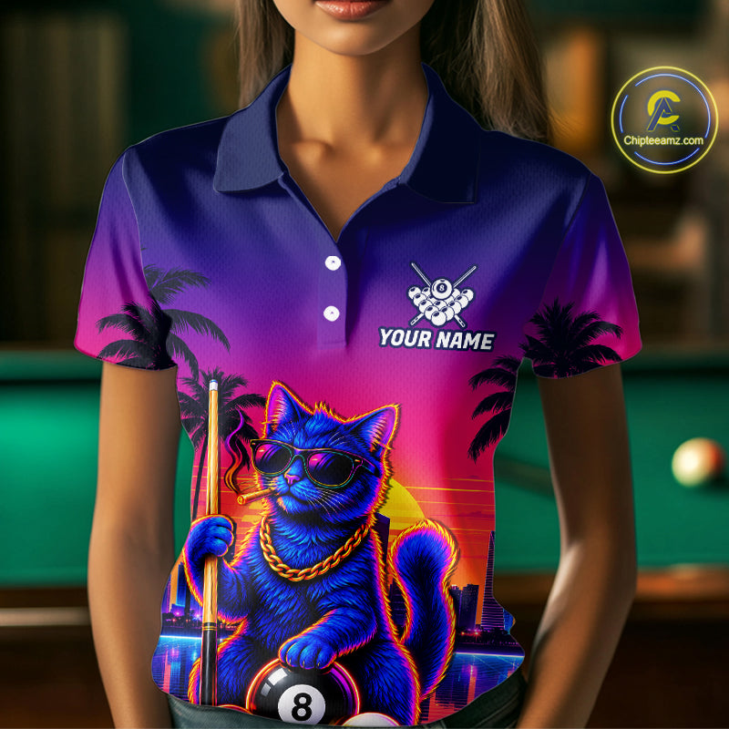 Custom Funny Billiard Shirt For Women Personalized Neon Cat 8-Ball Pool Team Jersey Billiard Apparel NYN4681