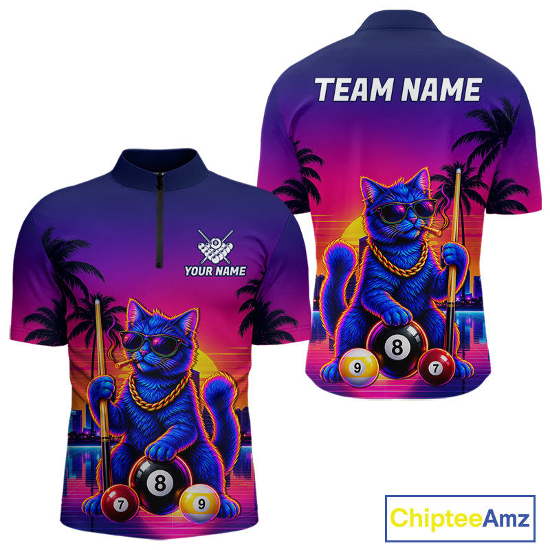 Custom Funny Billiard Shirt For Men Personalized Neon Cat 8-Ball Pool Team Jersey Billiard Apparel NYN4681