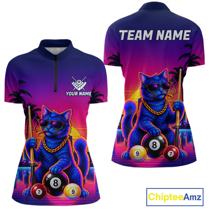 Custom Funny Billiard Shirt For Women Personalized Neon Cat 8-Ball Pool Team Jersey Billiard Apparel NYN4681
