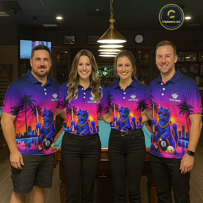 Custom Funny Billiard Shirt For Men Personalized Neon Cat 8-Ball Pool Team Jersey Billiard Apparel NYN4681