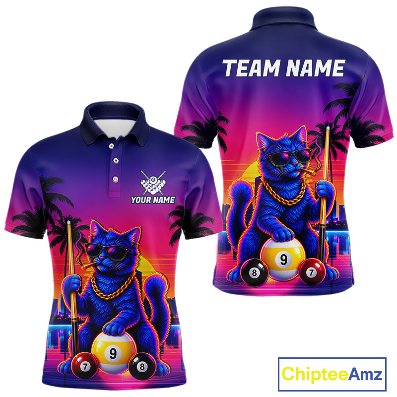 Custom Funny Billiard Shirt For Men Personalized Neon Cat 9-Ball Pool Team Jersey Billiard Apparel NYN4682
