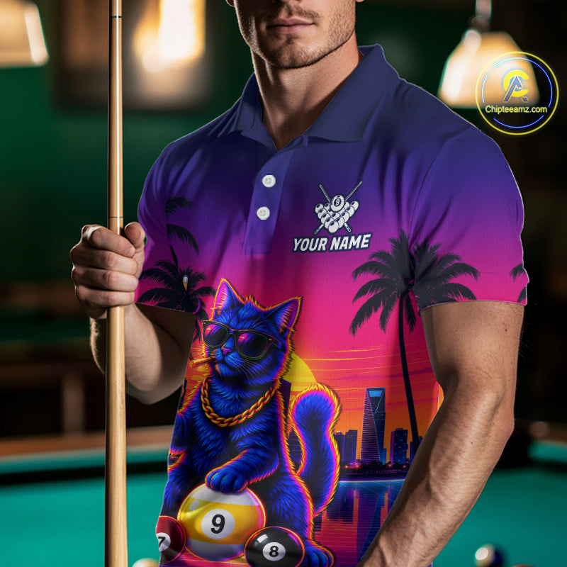 Custom Funny Billiard Shirt For Men Personalized Neon Cat 9-Ball Pool Team Jersey Billiard Apparel NYN4682