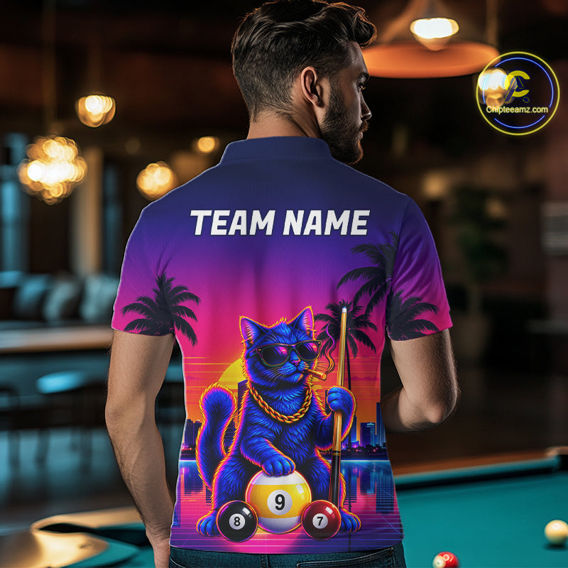 Custom Funny Billiard Shirt For Men Personalized Neon Cat 9-Ball Pool Team Jersey Billiard Apparel NYN4682
