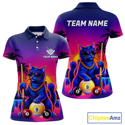 Custom Funny Billiard Shirt For Women Personalized Neon Cat 9-Ball Pool Team Jersey Billiard Apparel NYN4682