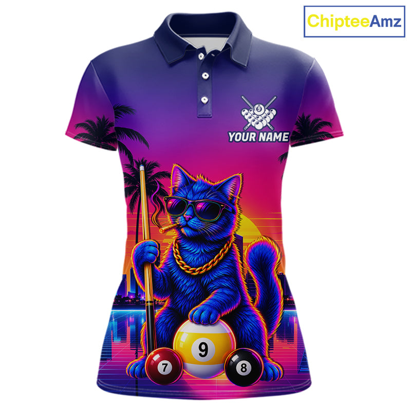 Custom Funny Billiard Shirt For Women Personalized Neon Cat 9-Ball Pool Team Jersey Billiard Apparel NYN4682