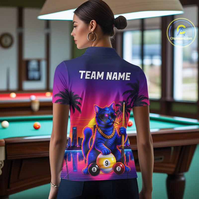 Custom Funny Billiard Shirt For Women Personalized Neon Cat 9-Ball Pool Team Jersey Billiard Apparel NYN4682