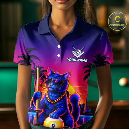 Custom Funny Billiard Shirt For Women Personalized Neon Cat 9-Ball Pool Team Jersey Billiard Apparel NYN4682