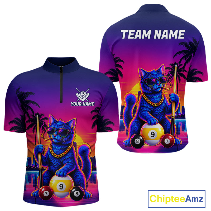 Custom Funny Billiard Shirt For Men Personalized Neon Cat 9-Ball Pool Team Jersey Billiard Apparel NYN4682