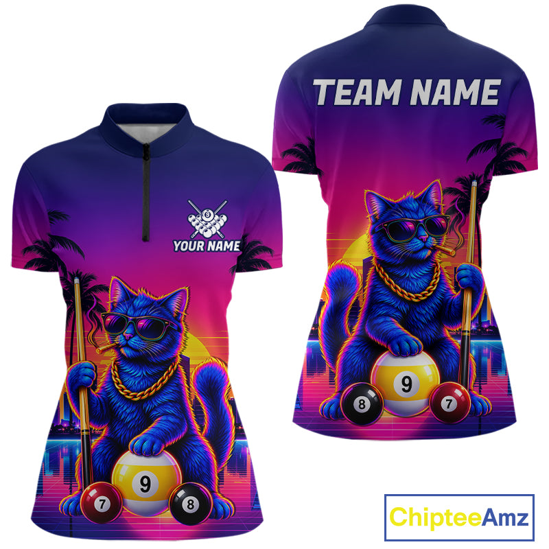 Custom Funny Billiard Shirt For Women Personalized Neon Cat 9-Ball Pool Team Jersey Billiard Apparel NYN4682