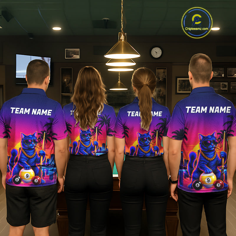 Custom Funny Billiard Shirt For Men Personalized Neon Cat 9-Ball Pool Team Jersey Billiard Apparel NYN4682