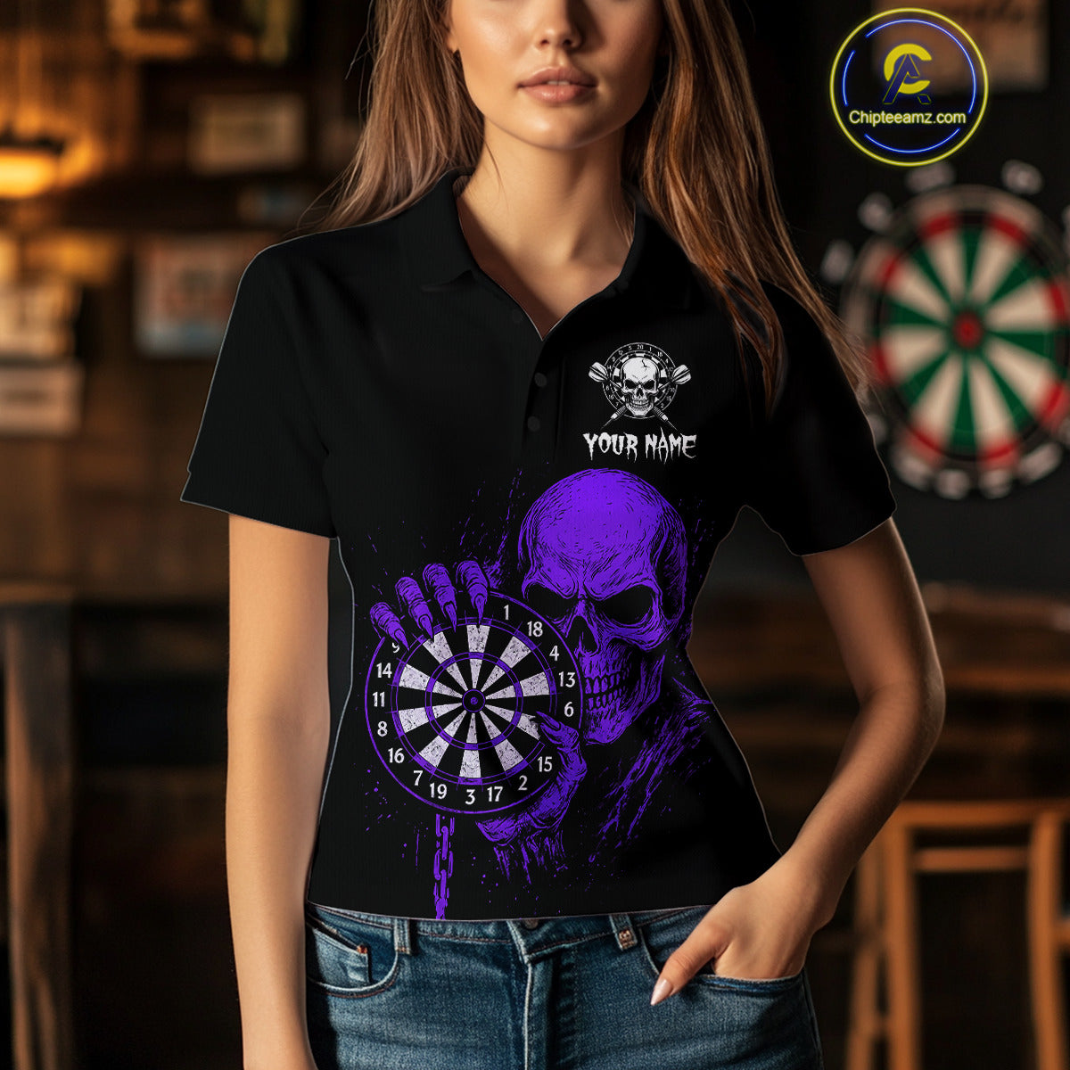 Custom Women Dart Polo Shirt With Purple Blood Skull Holding Dartboard, Darts Jersey  NYN1794