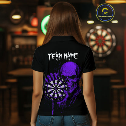 Custom Women Dart Polo Shirt With Purple Blood Skull Holding Dartboard, Darts Jersey  NYN1794