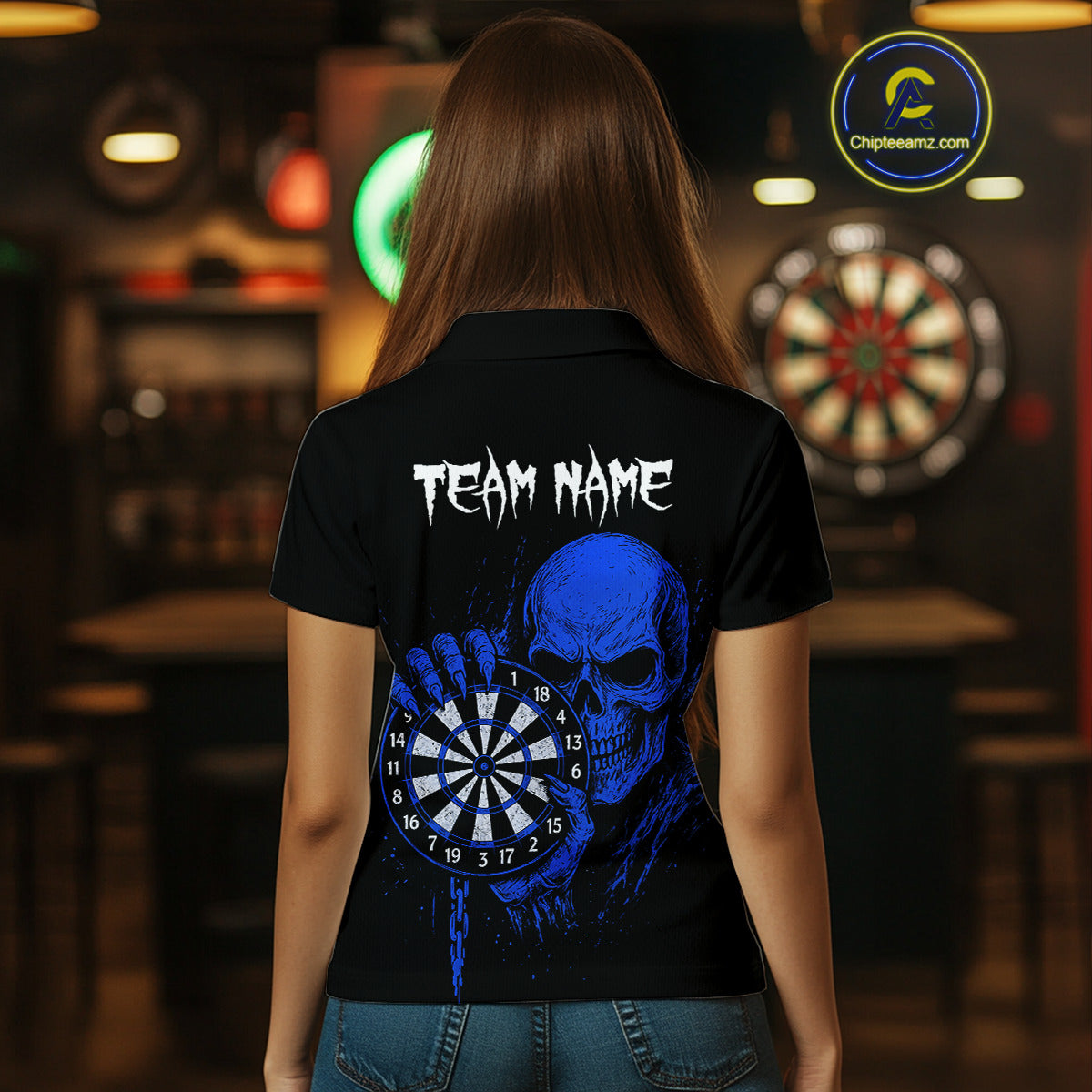 Custom Women Dart Polo Shirt With Blue Blood Skull Holding Dartboard, Darts Jersey  NYN1795