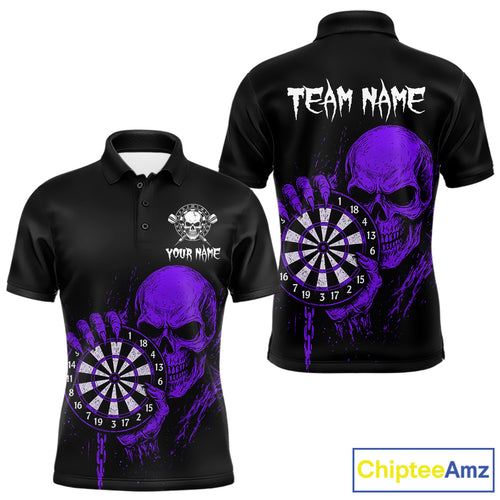 Custom Men's Dart Polo Shirt With Purple Blood Skull Holding Dartboard, Darts Jersey  NYN1794