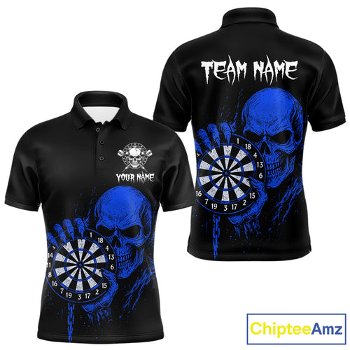 Custom Men's Dart Polo Shirt With Blue Blood Skull Holding Dartboard, Darts Jersey  NYN1795