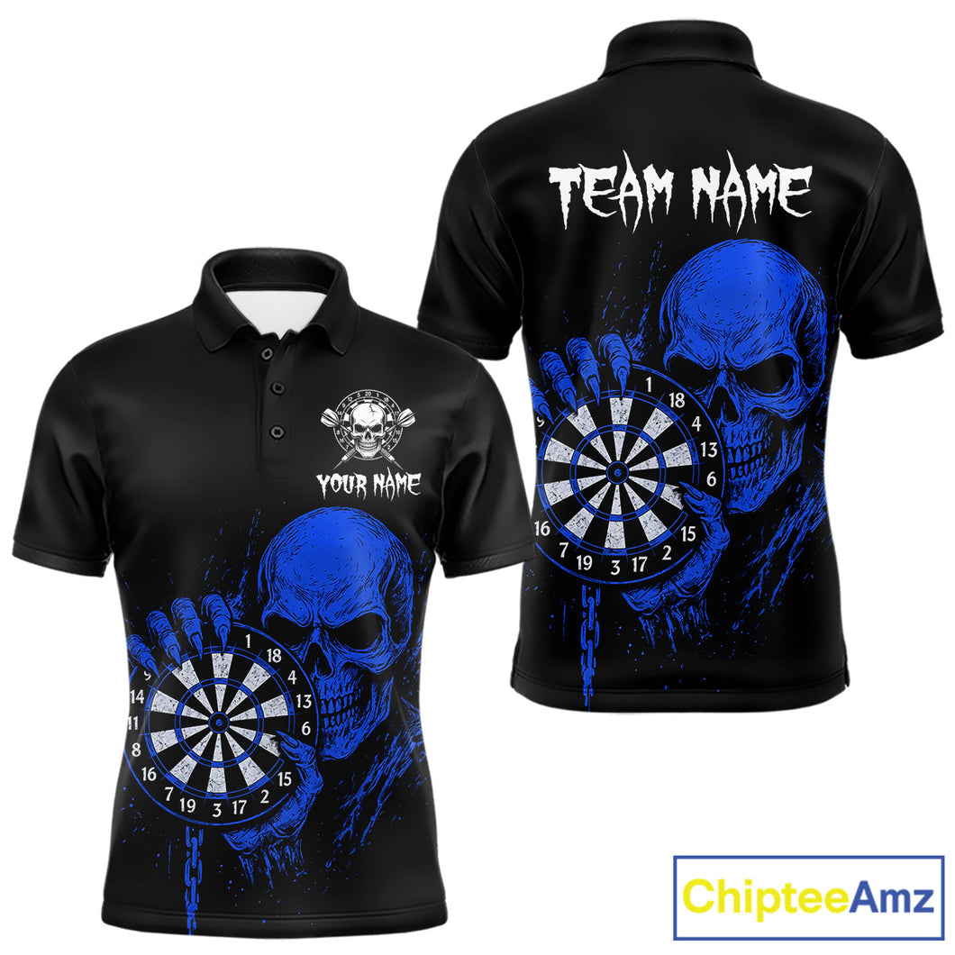 Custom Men's Dart Polo Shirt With Blue Blood Skull Holding Dartboard, Darts Jersey  NYN1795