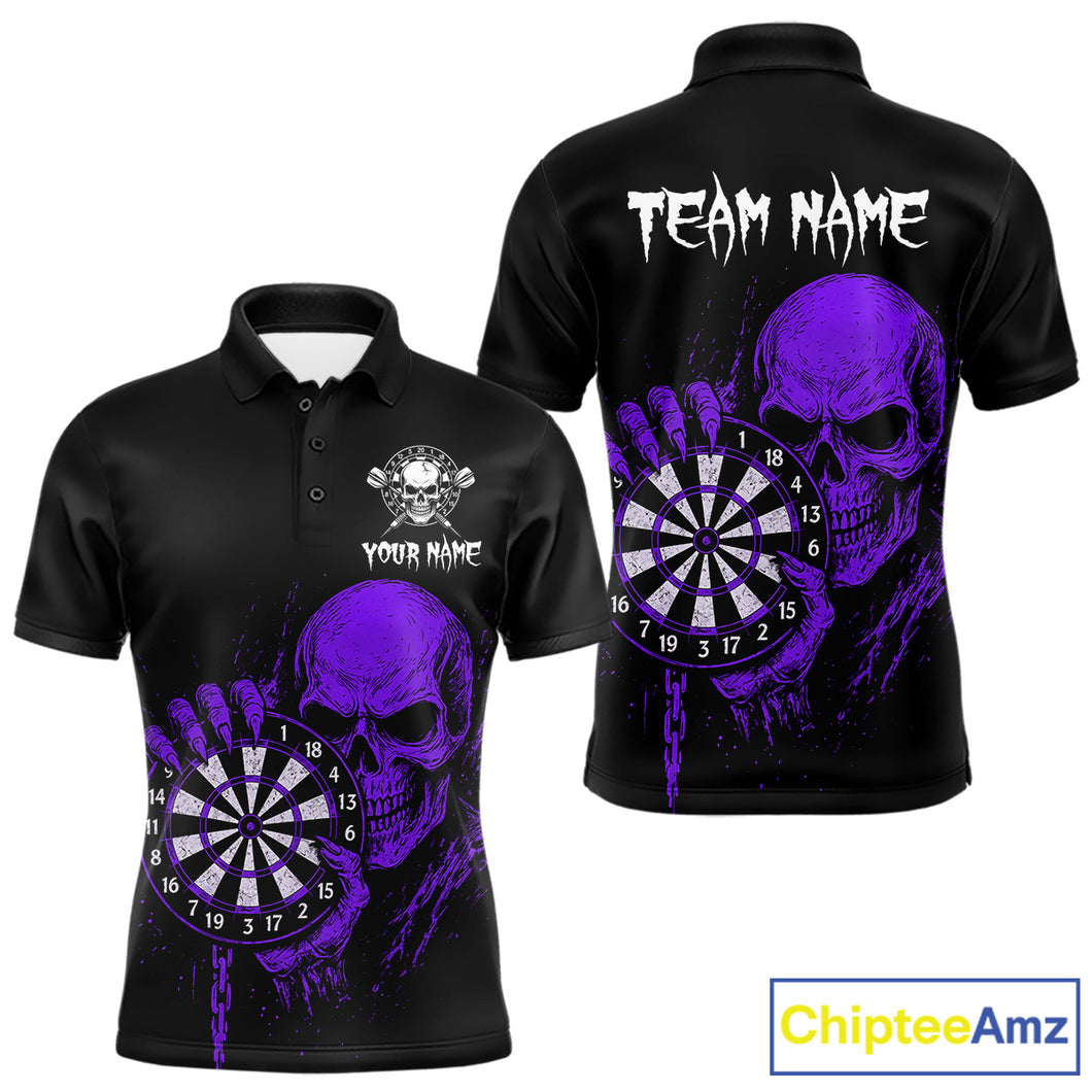 Custom Men's Dart Polo Shirt With Purple Blood Skull Holding Dartboard, Darts Jersey  NYN1794