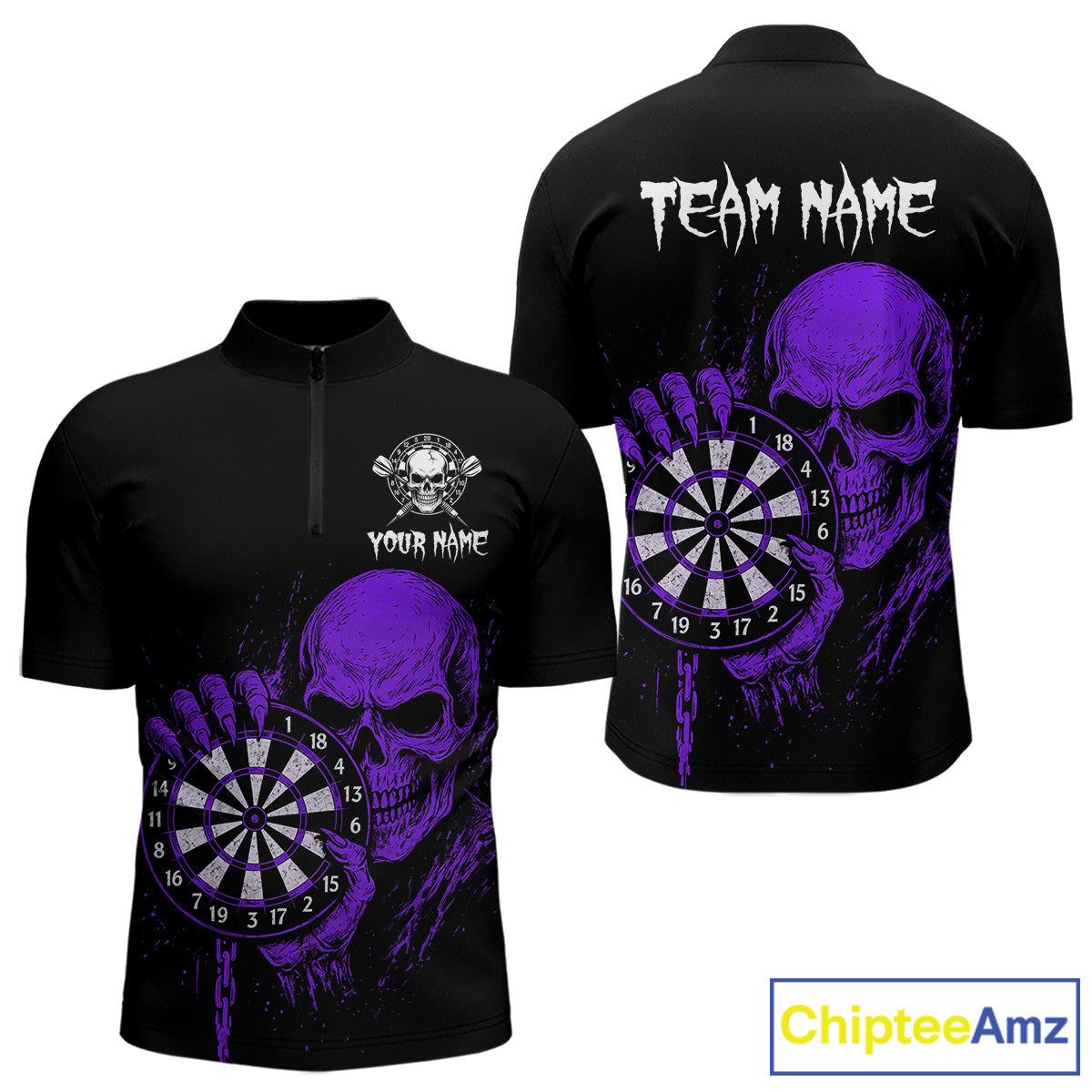 Custom Men's Dart Quarter-Zip Shirt With Purple Blood Skull Holding Dartboard, Darts Jersey  NYN1794
