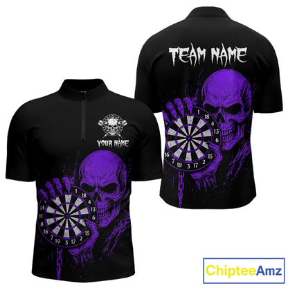 Custom Men's Dart Quarter-Zip Shirt With Purple Blood Skull Holding Dartboard, Darts Jersey  NYN1794