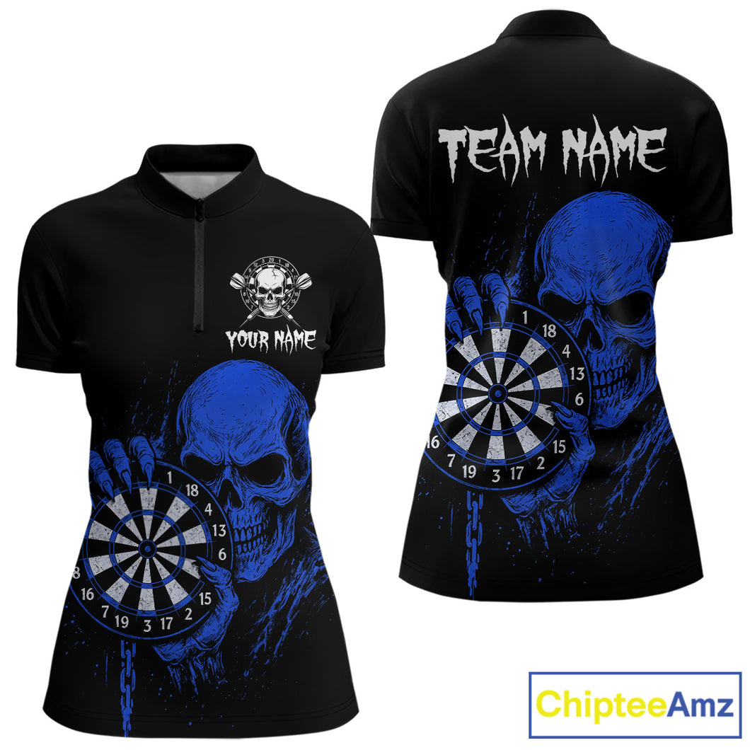 Custom Women Dart Quarter-Zip Shirt With Blue Blood Skull Holding Dartboard, Darts Jersey  NYN1795