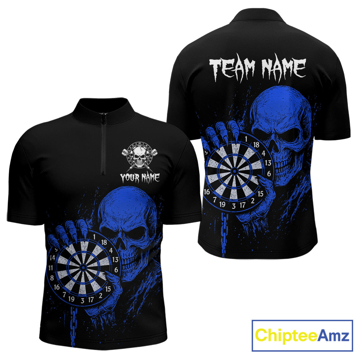 Custom Men's Dart Quarter-Zip Shirt With Blue Blood Skull Holding Dartboard, Darts Jersey  NYN1795