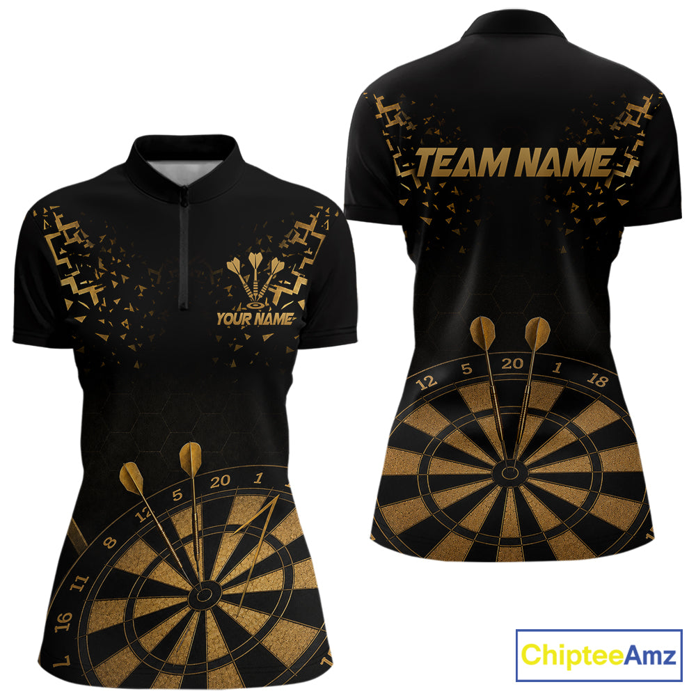 Personalized Dart Polo Quarter-Zip Shirt For Women Custom Name With Black And Gold Darts Team Jersey NYN4272