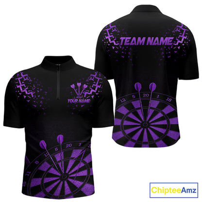 Personalized Dart Polo Quarter-Zip Shirt For Men Custom Name With Black And Purple Darts Team Jersey NYN4273