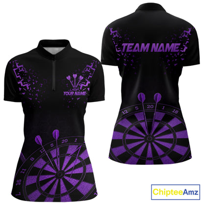 Personalized Dart Polo Quarter-Zip Shirt For Women Custom Name With Black And Purple Darts Team Jersey NYN4273