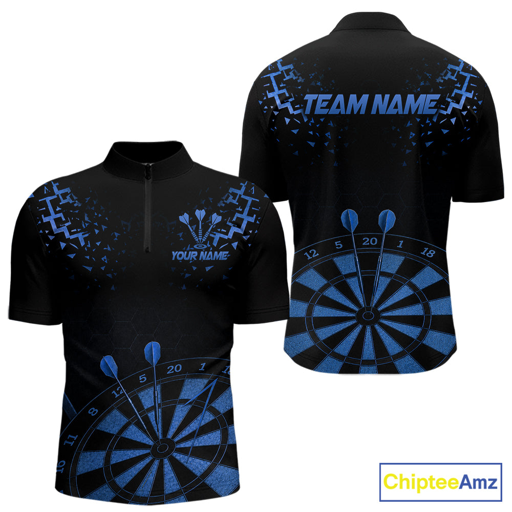 Personalized Dart Polo Quarter-Zip Shirt For Men Custom Name With Black And Blue Darts Team Jersey NYN4274