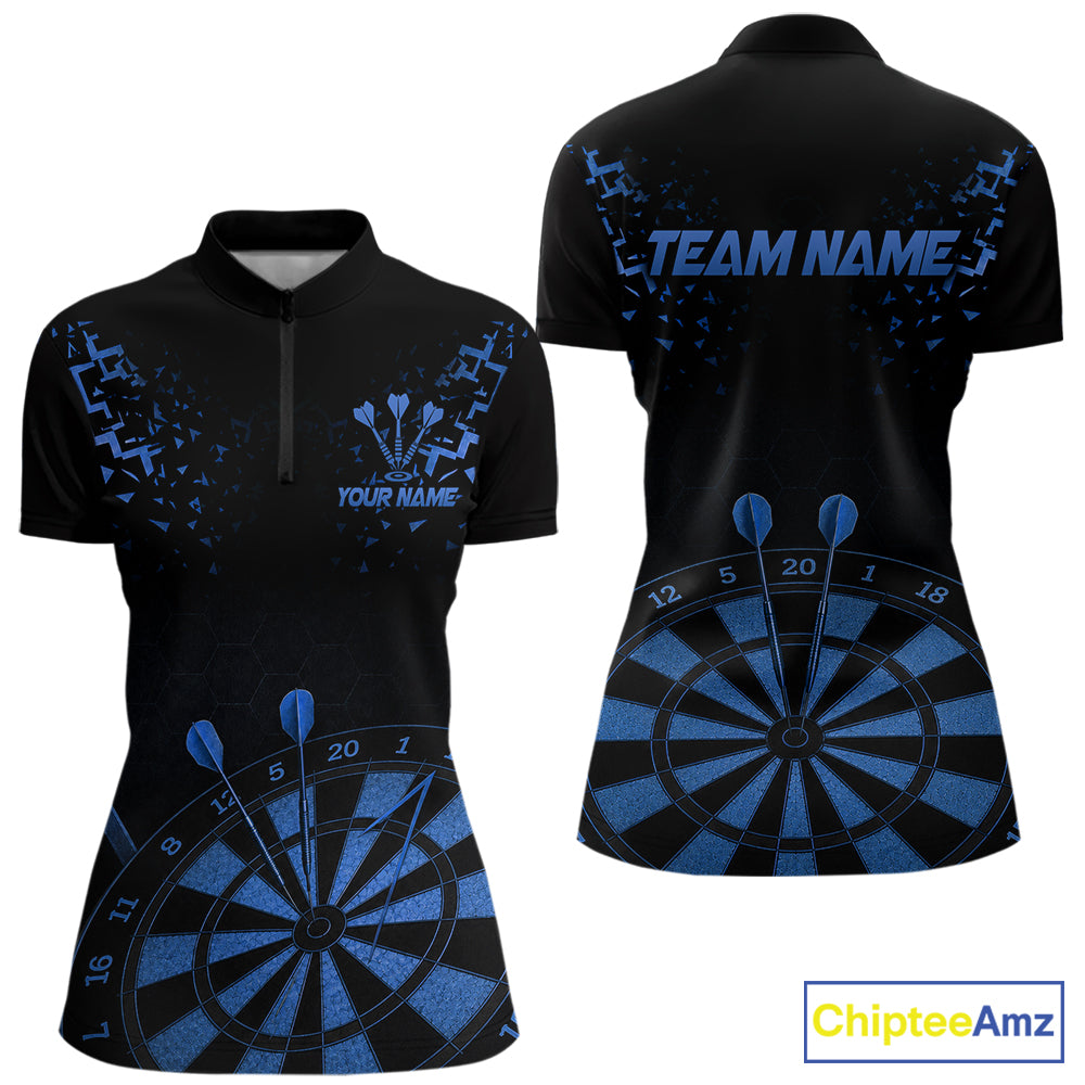 Personalized Dart Polo Quarter-Zip Shirt For Women Custom Name With Black And Blue Darts Team Jersey NYN4274