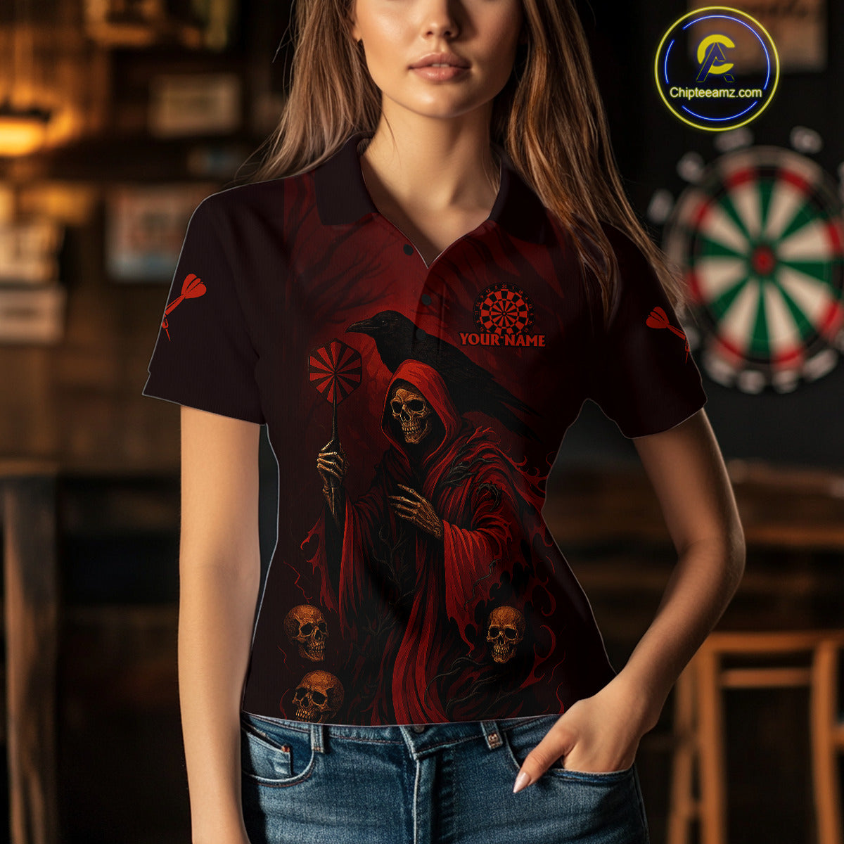 Custom Red Grim Reaper Grunge Skull Dart Arrow Dart Women Polo Shirt Dart Jerseys NYN1543