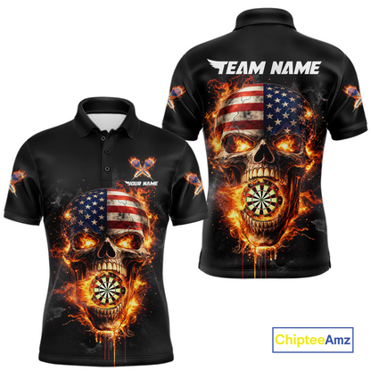 Personalized US Flag Skull Fire Flame Dartboard Men Darts Polo Shirt Custom Darts Team Jersey NYN2585
