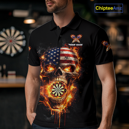 Personalized US Flag Skull Fire Flame Dartboard Men Darts Polo Shirt Custom Darts Team Jersey NYN2585
