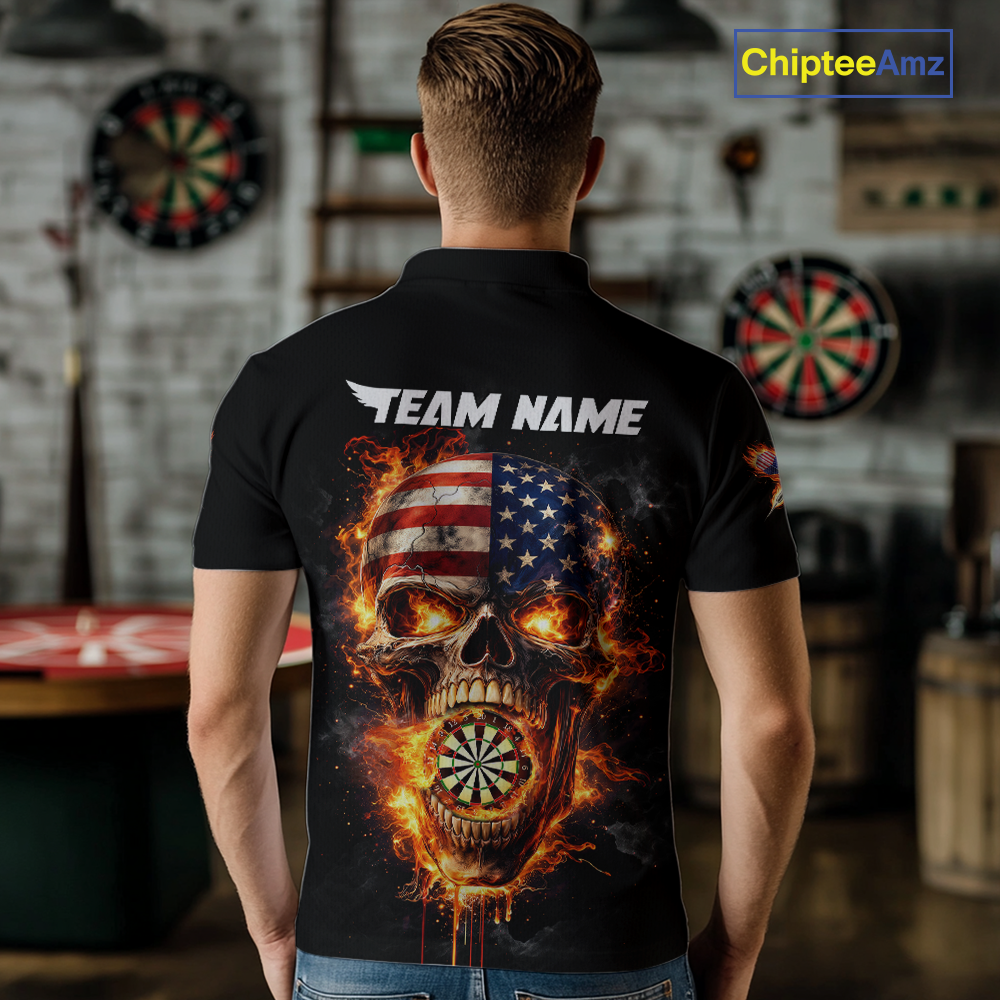 Personalized US Flag Skull Fire Flame Dartboard Men Darts Polo Shirt Custom Darts Team Jersey NYN2585
