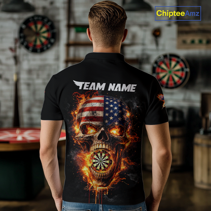 Personalized US Flag Skull Fire Flame Dartboard Men Darts Polo Shirt Custom Darts Team Jersey NYN2585
