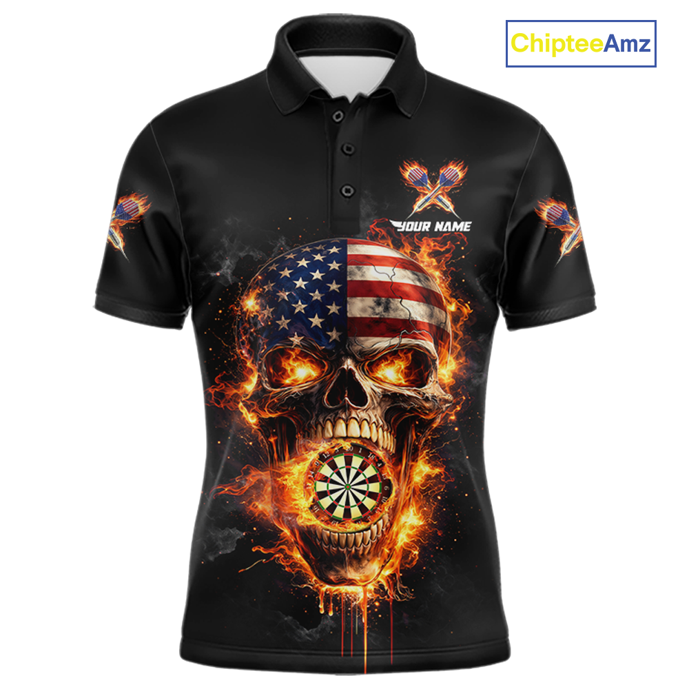Personalized US Flag Skull Fire Flame Dartboard Men Darts Polo Shirt Custom Darts Team Jersey NYN2585