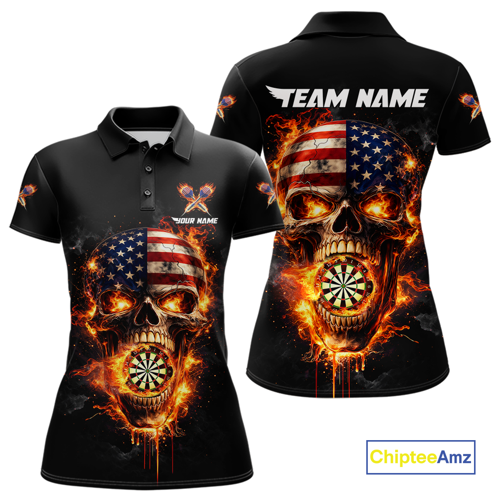 Personalized US Flag Skull Fire Flame Dartboard Women Darts Polo Shirt Custom Darts Team Jersey NYN2585
