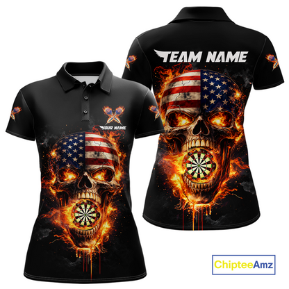 Personalized US Flag Skull Fire Flame Dartboard Women Darts Polo Shirt Custom Darts Team Jersey NYN2585