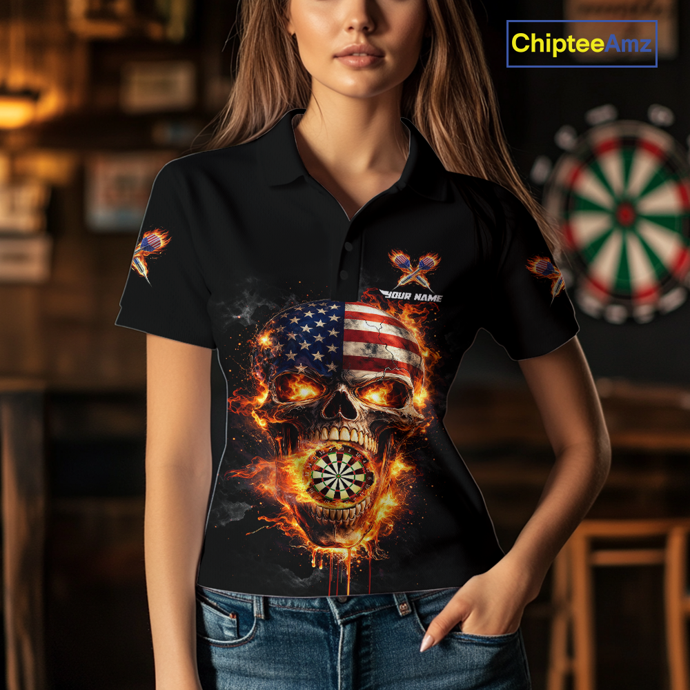 Personalized US Flag Skull Fire Flame Dartboard Women Darts Polo Shirt Custom Darts Team Jersey NYN2585