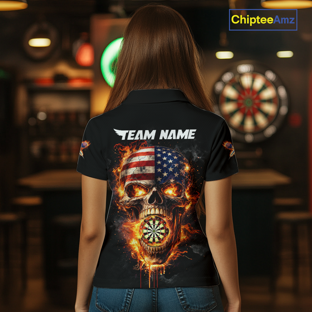 Personalized US Flag Skull Fire Flame Dartboard Women Darts Polo Shirt Custom Darts Team Jersey NYN2585