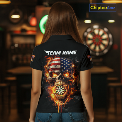 Personalized US Flag Skull Fire Flame Dartboard Women Darts Polo Shirt Custom Darts Team Jersey NYN2585