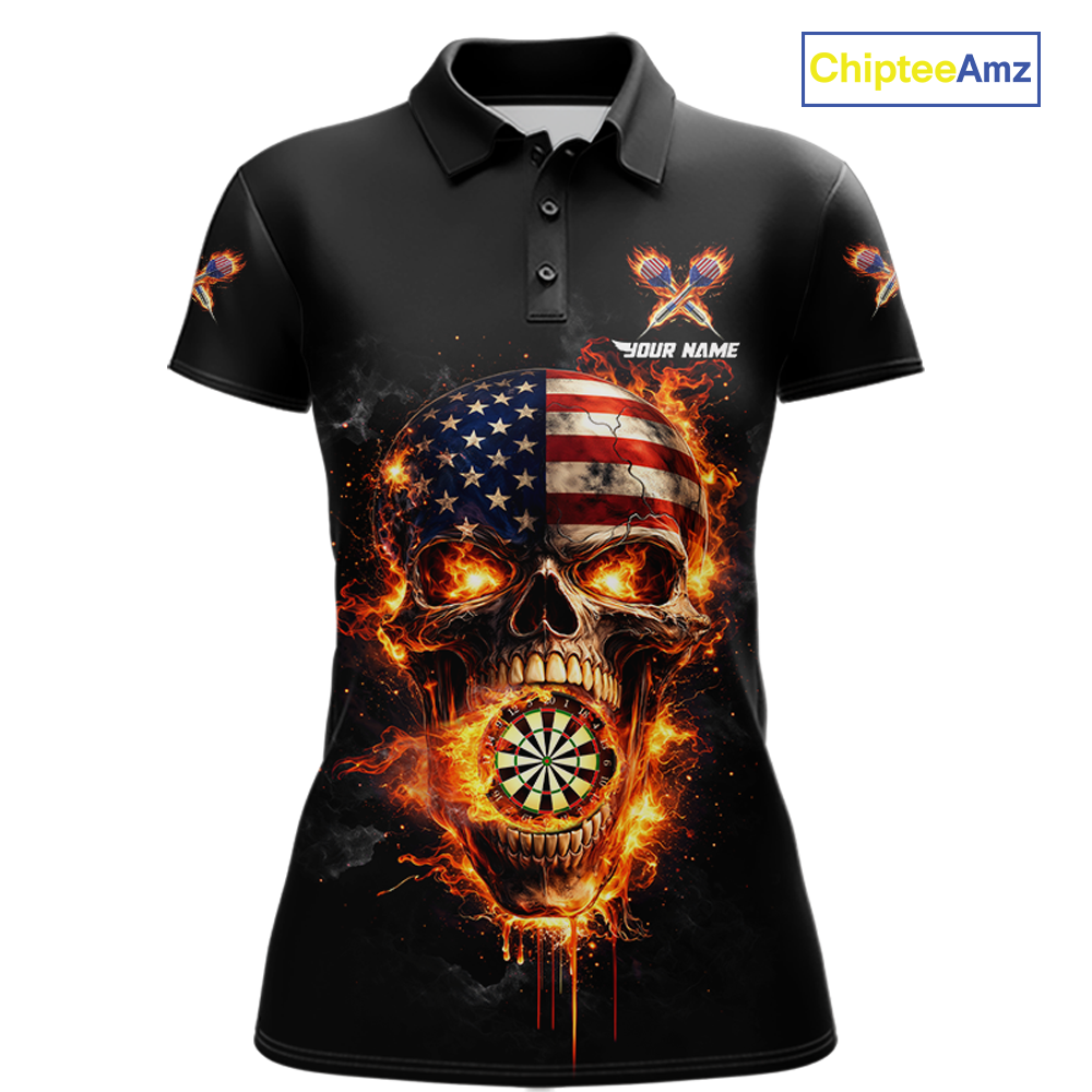 Personalized US Flag Skull Fire Flame Dartboard Women Darts Polo Shirt Custom Darts Team Jersey NYN2585