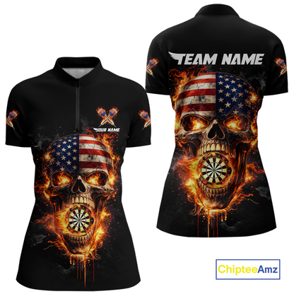 Personalized US Flag Skull Fire Flame Dartboard Women Darts 1/4-Zip Shirt Custom Darts Team Jersey NYN2585