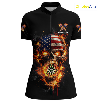 Personalized US Flag Skull Fire Flame Dartboard Women Darts 1/4-Zip Shirt Custom Darts Team Jersey NYN2585
