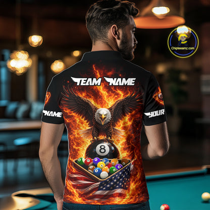 Fire Flame Eagle US Flag Pool Ball 3D Billiard Shirt For Men Personalized 8 Ball Billiard Attire NYN2587