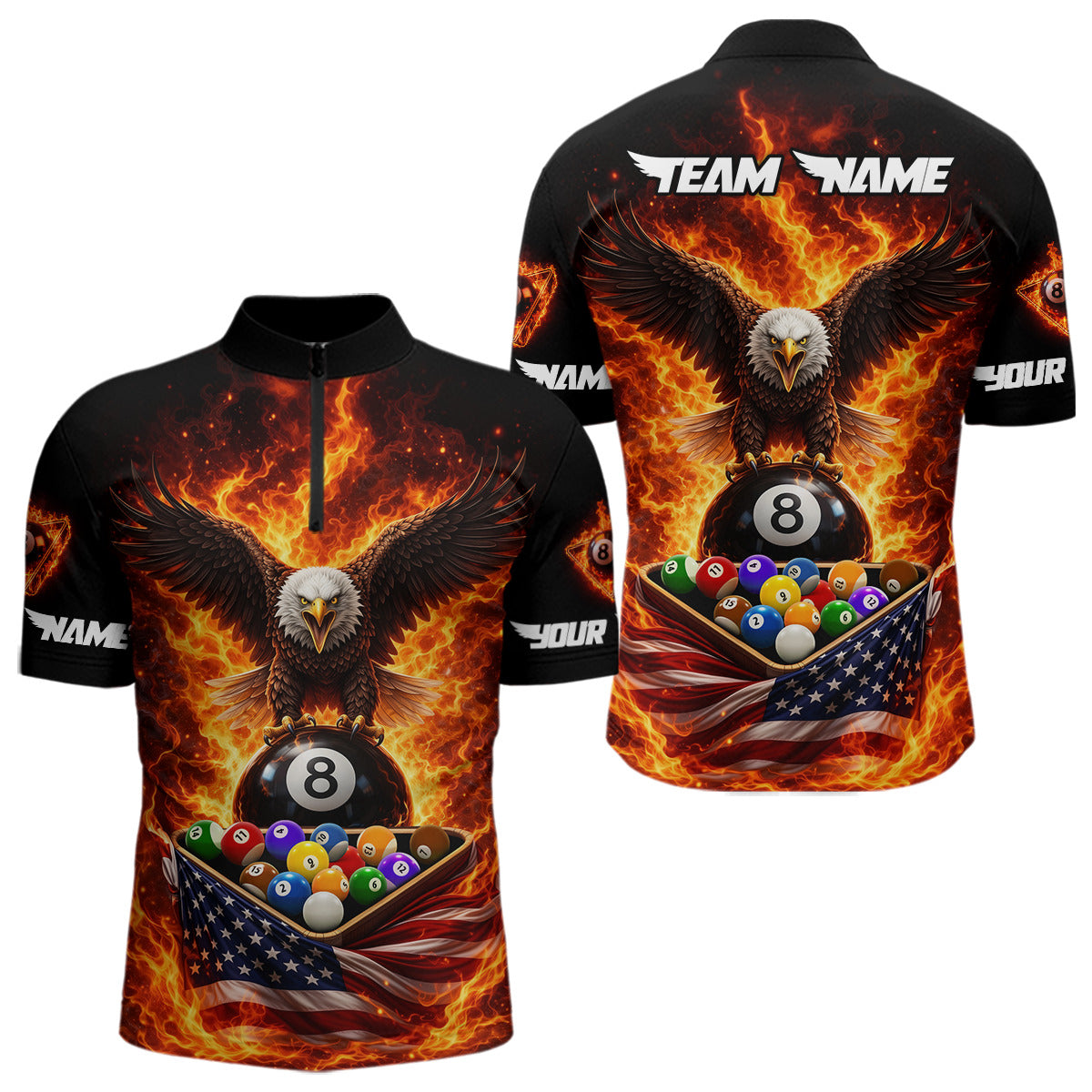Fire Flame Eagle US Flag Pool Ball 3D Billiard Shirt For Men Personalized 8 Ball Billiard Attire NYN2587